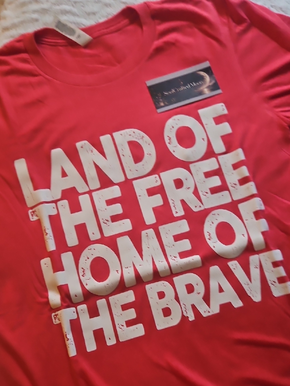Bella Canvas Red Short Sleeve Tee with White 'Land of the Free' Graphic - Picture 1 of 1